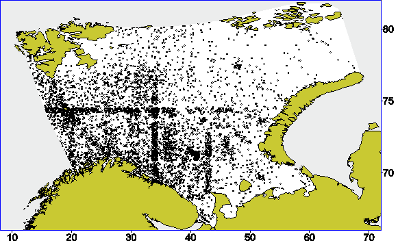 Temperature & salinity observation density (1 dot = 10 stations)