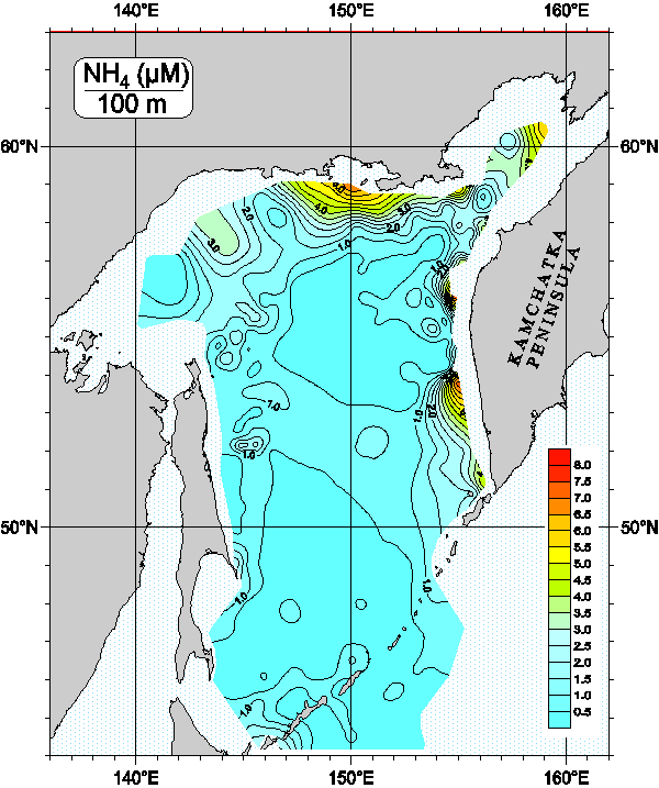 Okhots Sea. Ammonia Nitrogen distribution at 100m