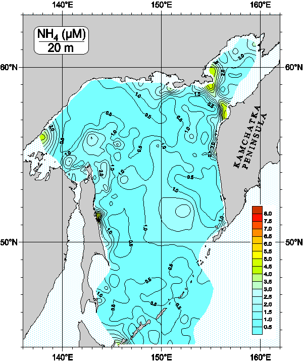 Okhots Sea. Ammonia Nitrogen distribution at 20m