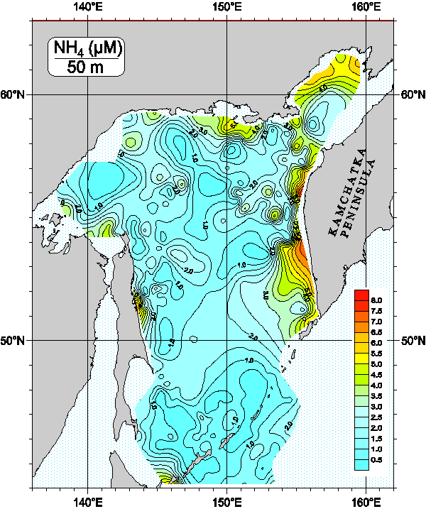 Okhots Sea. Ammonia Nitrogen distribution at 50m