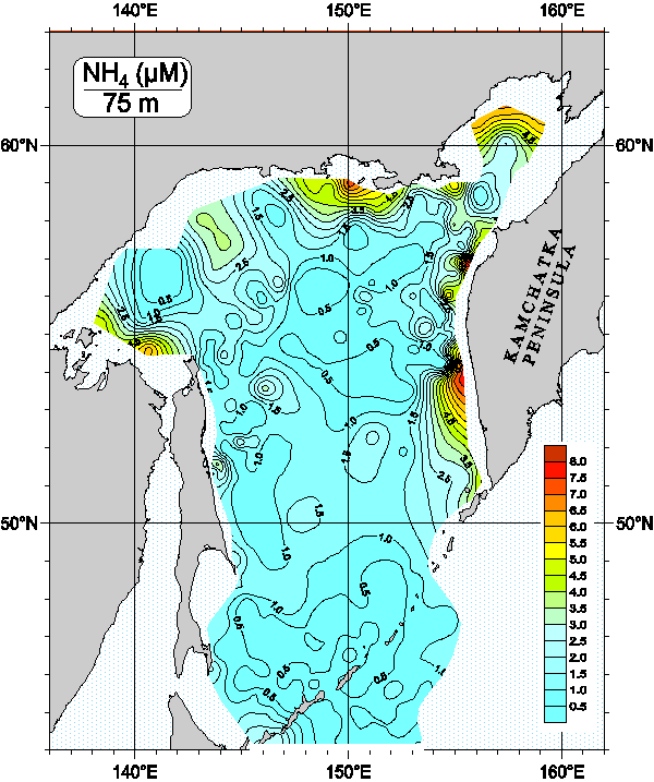 Okhots Sea. Ammonia Nitrogen distribution at 75m