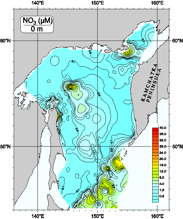 Okhots Sea. Nitrate distribution at surface