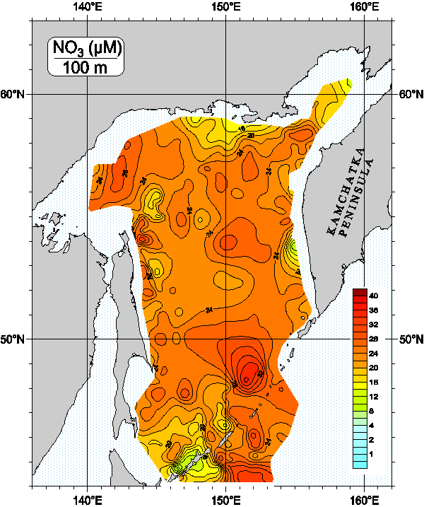 Okhots Sea. Nitrate distribution at 100m