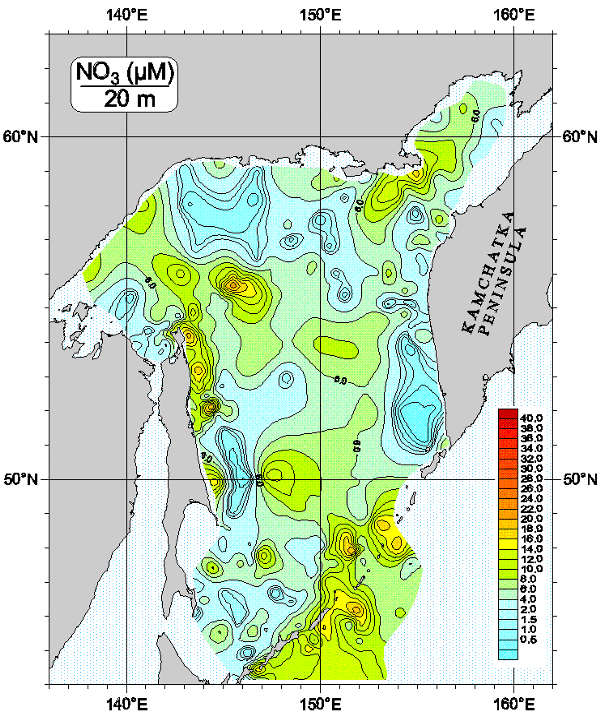Okhots Sea. Nitrate distribution at 20m