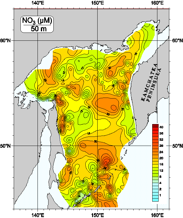 Okhots Sea. Nitrate distribution at 50m