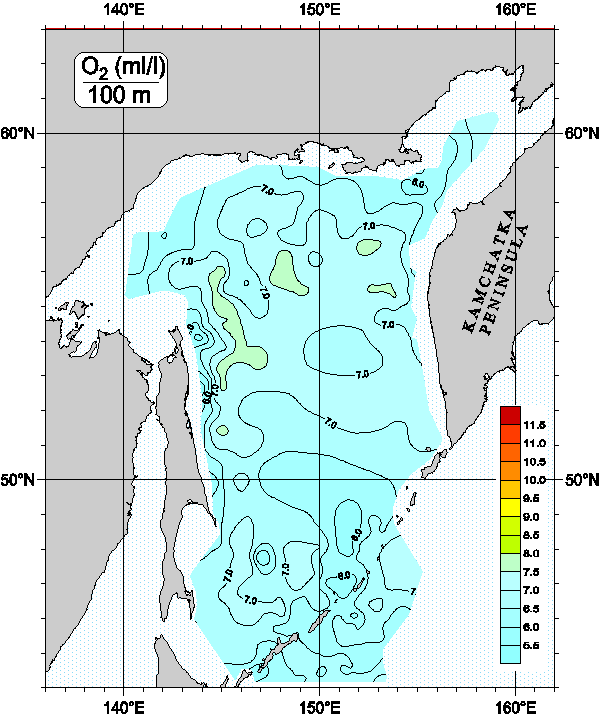 Okhots Sea. Oxygen distribution at 100m