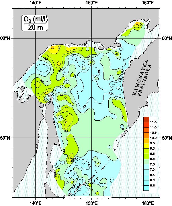 Okhots Sea. Oxygen distribution at 20m