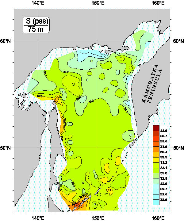 Okhots Sea. Salinity distribution at 75m