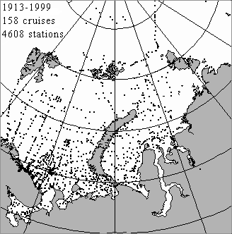 Data distribution plot for 158 cruises from 1913 to 1999 year.