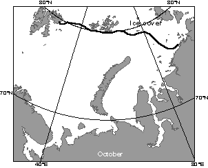 This map illustrates ice coverage of the Barents and Kara Seas during October