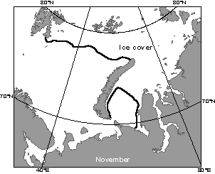 This map illustrates ice coverage of the Barents and Kara Seas during November