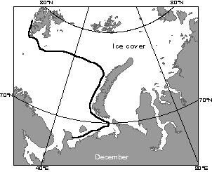 This map illustrates ice coverage of the Barents and Kara Seas during December