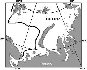 This map illustrates ice coverage of the Barents and Kara Seas during February