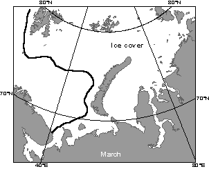 This map illustrates ice coverage of the Barents and Kara Seas during March