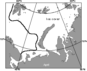 This map illustrates ice coverage of the Barents and Kara Seas during April