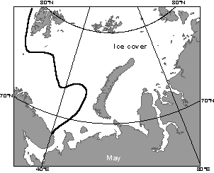 This map illustrates ice coverage of the Barents and Kara Seas during May