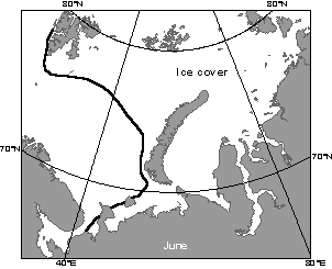 This map illustrates ice coverage of the Barents and Kara Seas during June