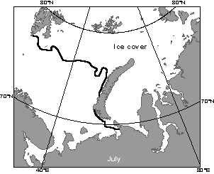This map illustrates ice coverage of the Barents and Kara Seas during July