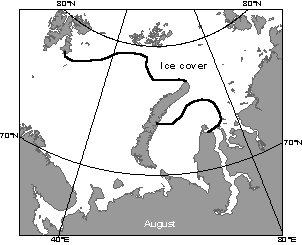 This map illustrates ice coverage of the Barents and Kara Seas during August