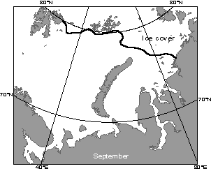 This map illustrates ice coverage of the Barents and Kara Seas during September