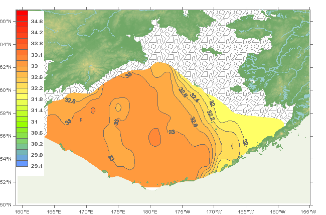 Bering Sea: Salinity Climatological Fields, January - 0 m.