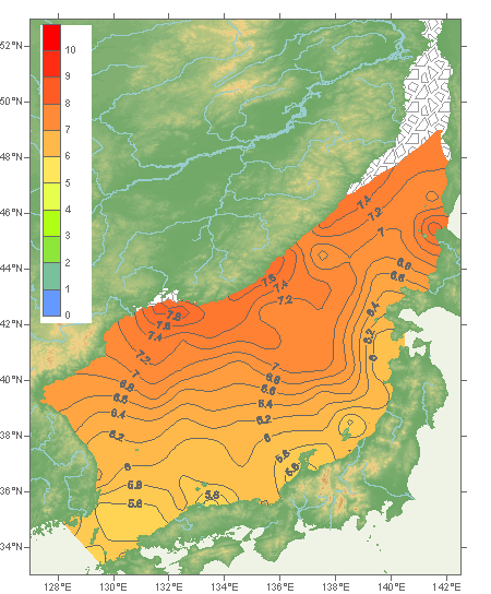 Sea of Japan: Oxygen (ml/l) Climatological Fields, January - 0 m.