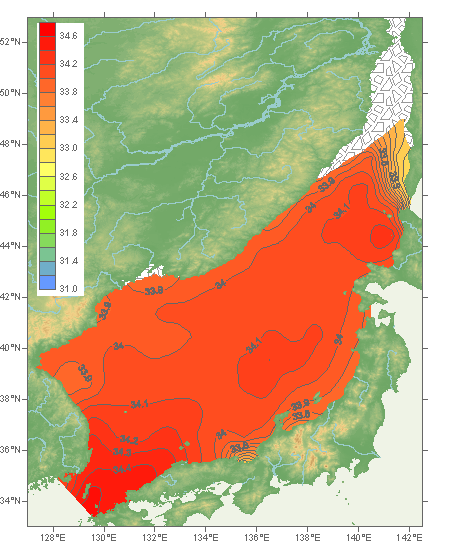 Sea of Japan: Salinity Climatological Fields, January - 0 m.