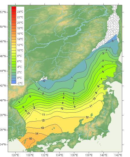 Sea of Japan: Temperature (<sup>o</sup>C) Climatological Fields, January - 0 m.