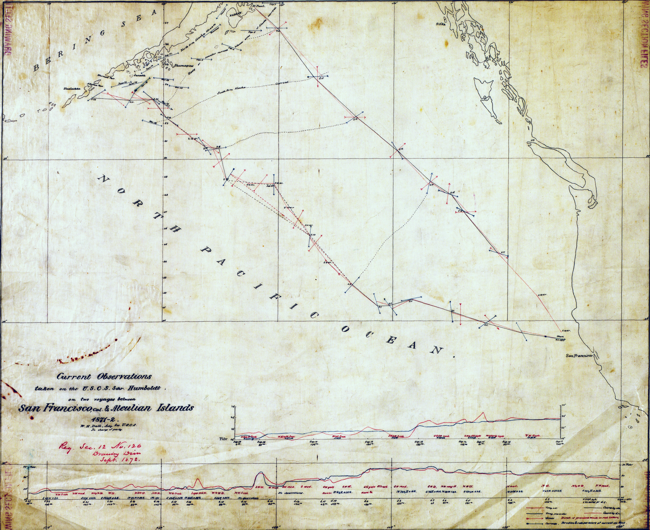 Map of current observations taken on the U.S.C.S. Humboldt on two voyages between San Francisco and Aleutian Islands.