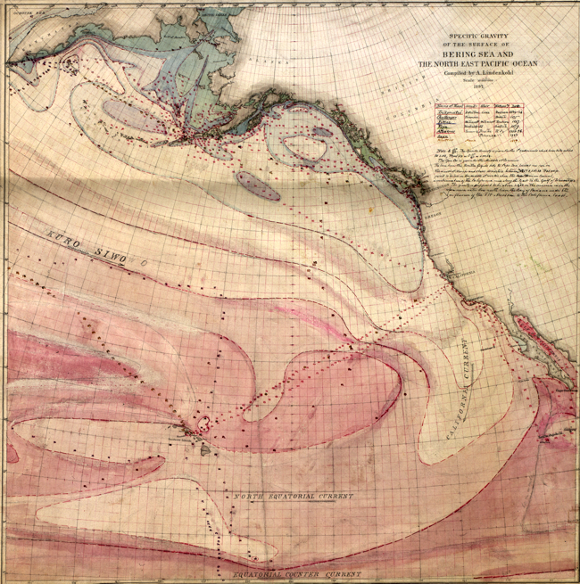 Map of specific gravity of the surface of Bering Sea and North East Pacific Ocean.
