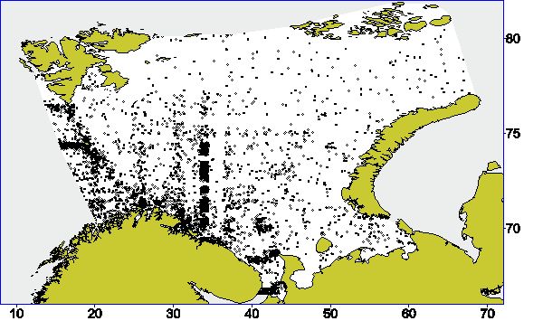 Temperature & salinity & oxygen observation density (1 dot = 1 station)