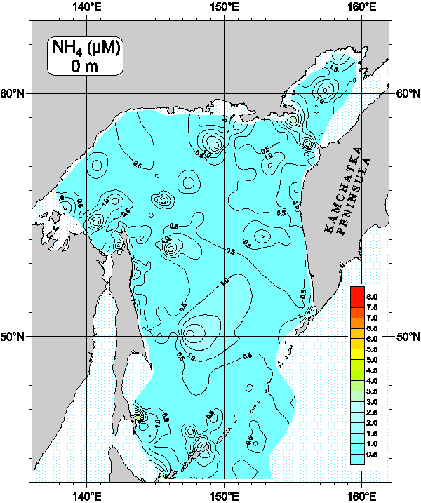 Okhots Sea. Ammonia Nitrogen distribution at surface