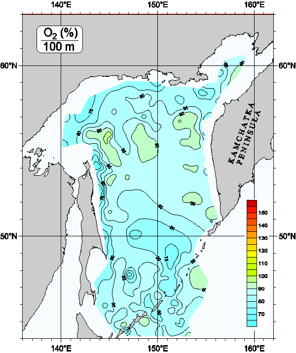 Okhots Sea. Oxygen Saturation distribution at 100m