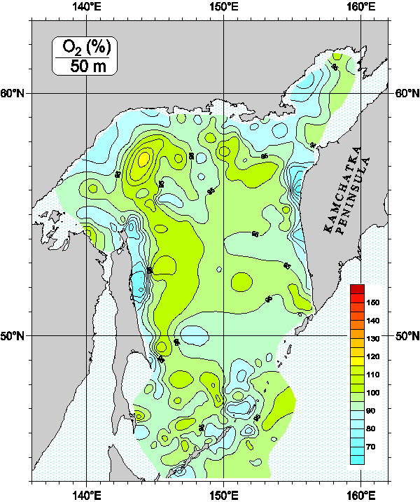 Okhots Sea. Oxygen Saturation distribution at 50m