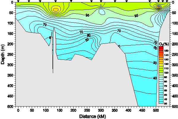 Okhotsk Sea. Section 7. Oxygen saturation distribution