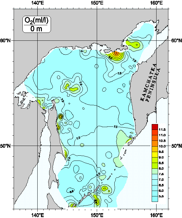 Okhots Sea. Oxygen distribution at surface