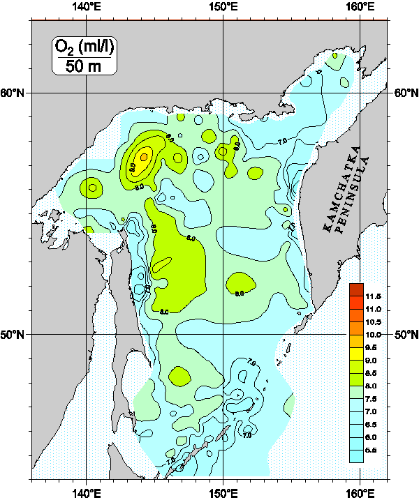 Okhots Sea. Oxygen distribution at 50m