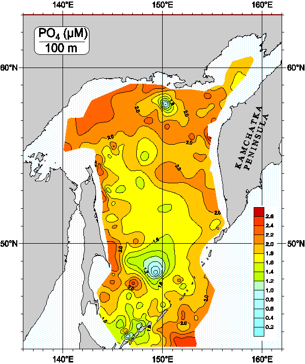 Okhots Sea. Phosphate distribution at 100m