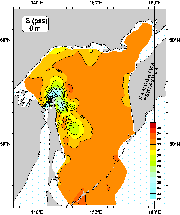 Okhots Sea. Salinity distribution at surface
