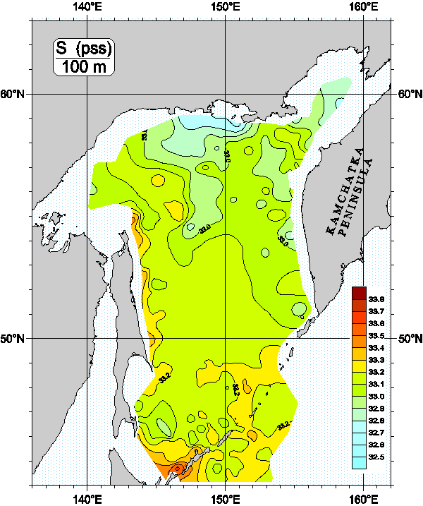 Okhots Sea. Salinity distribution at 100m
