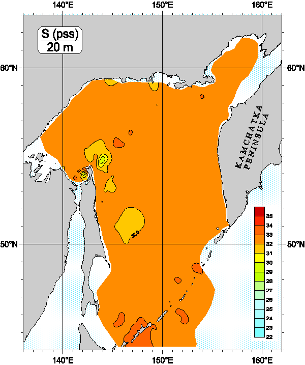 Okhots Sea. Salinity distribution at 20m