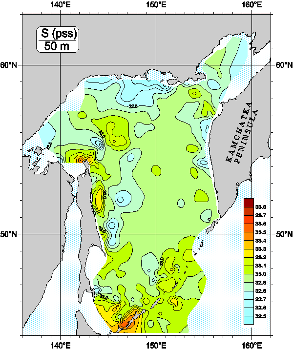 Okhots Sea. Salinity distribution at 50m