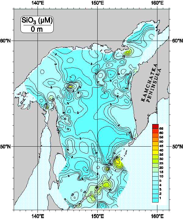 Okhots Sea. Silicate distribution at surface