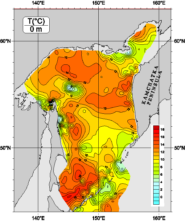 Contour map of temperature at different depths