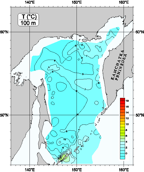 Okhots Sea. Temperature distribution at 100m