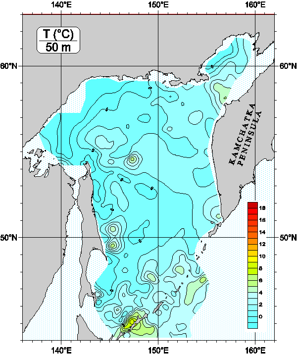 Okhots Sea. Temperature distribution at 50m
