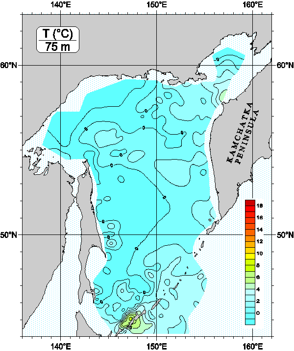 Okhots Sea. Temperature distribution at 75m