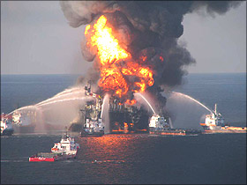 Deepwater Horizon oil rig in flames