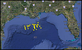 Bunny Bordelon data plotted on a google map.