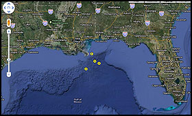 Gyre data plotted on a google map.